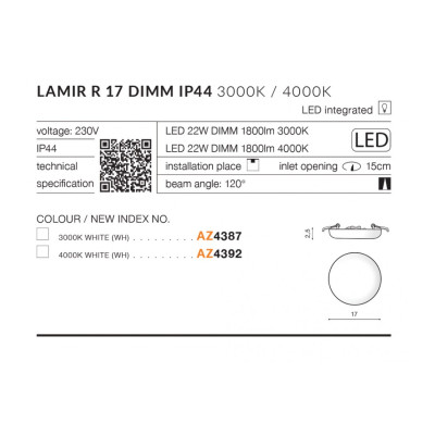 Lampa wpuszczana okrągła Lamir R 17 3000K DIMM AZ4387 - Azzardo