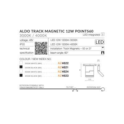 Lampa Aldo Track Magnetic 12W POINTS60 3000K AZ4621 - Azzardo